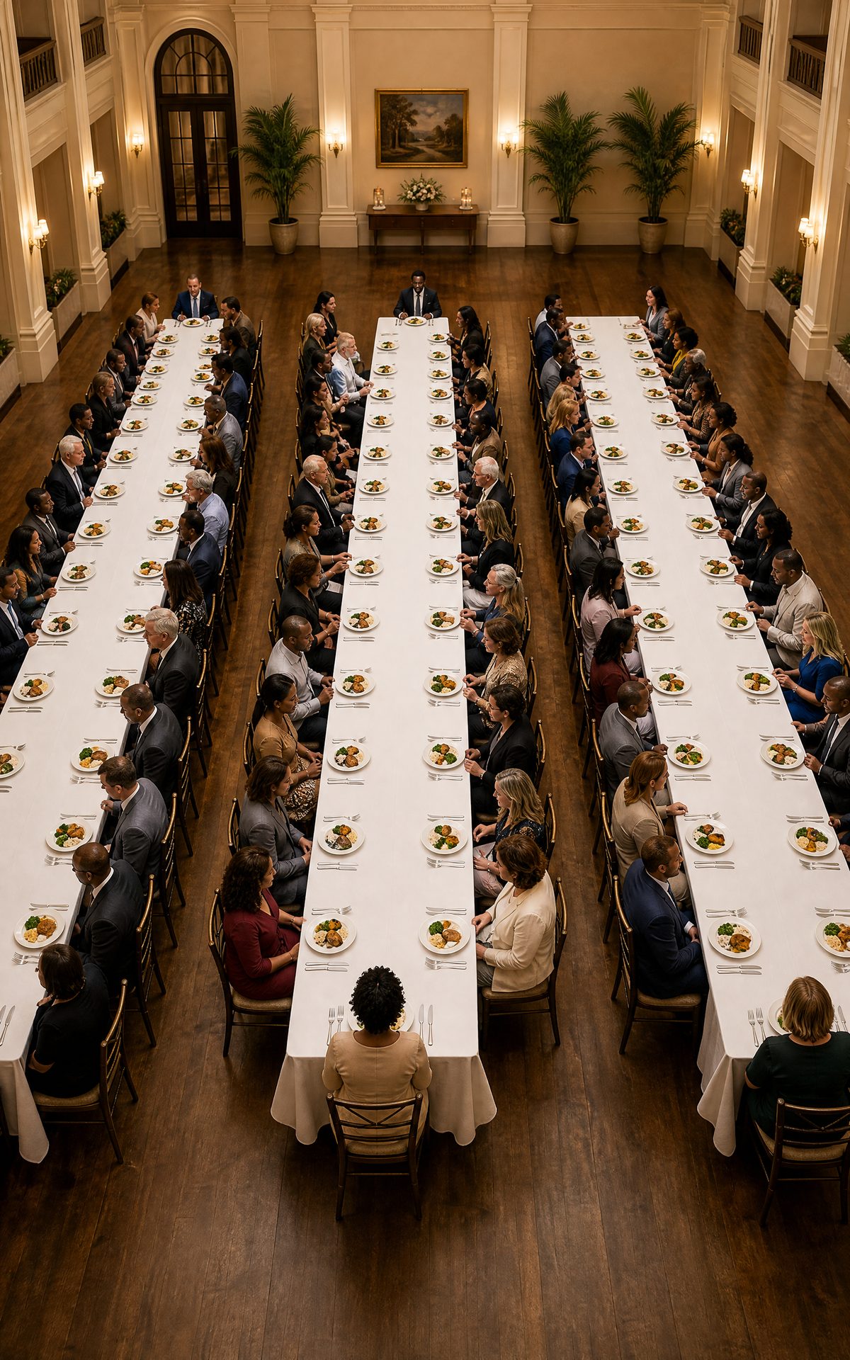 Banquet hall with long tables of seated guests
